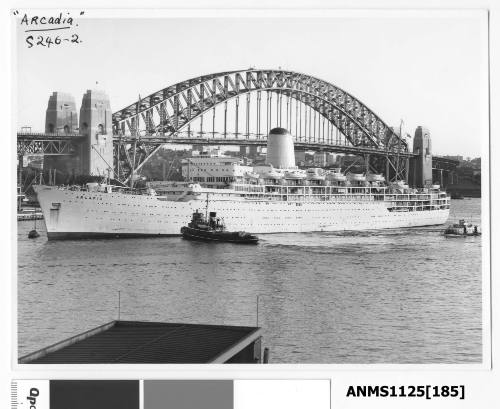 P&O liner ARCADIA approaching its berth at Circular Quay assisted by a motor launch and the tug WOONA