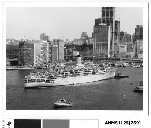 P&O liner HIMALAYA departing Sydney Cove with a tugboat at the liner’s bow and a Water Police motor launch in the foreground