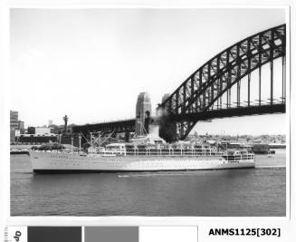 Departing P&O liner ORCADES passing under the Sydney Harbour Bridge and being overtaken by a small power boat with an outboard engine