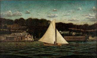 Open boat sailing past the H.C. Press boatshed, Woolloomooloo Bay