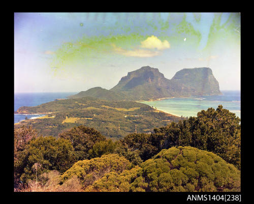 Photographic transparency showing a view of Mount Lidgbird and Mount Gower on Lord Howe Island