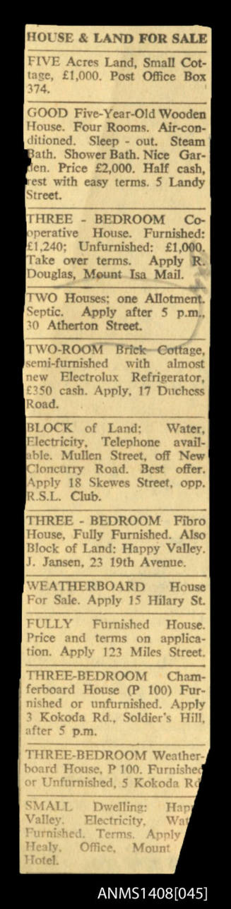 Newspaper clipping about a house sale in Mount Isa