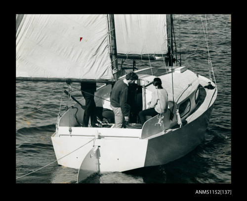 Half cabin, ketch rigged with gunter main sail sailing boat under way