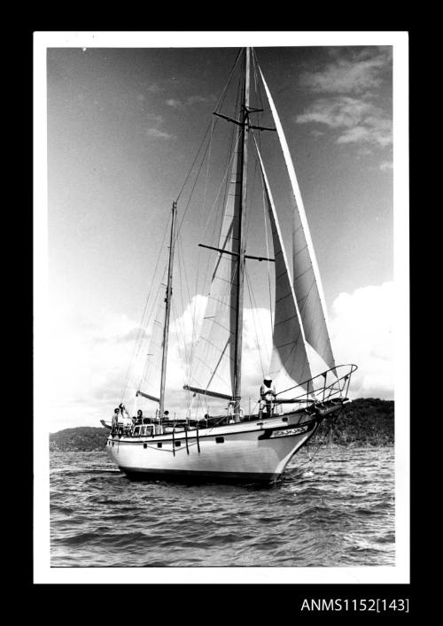 Print depicting starboard bow view of ketch rigged sailing boat under way