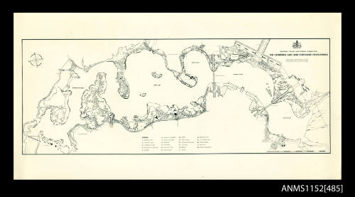 The black and white map of Lake Burley Griffin, Canberra Australia