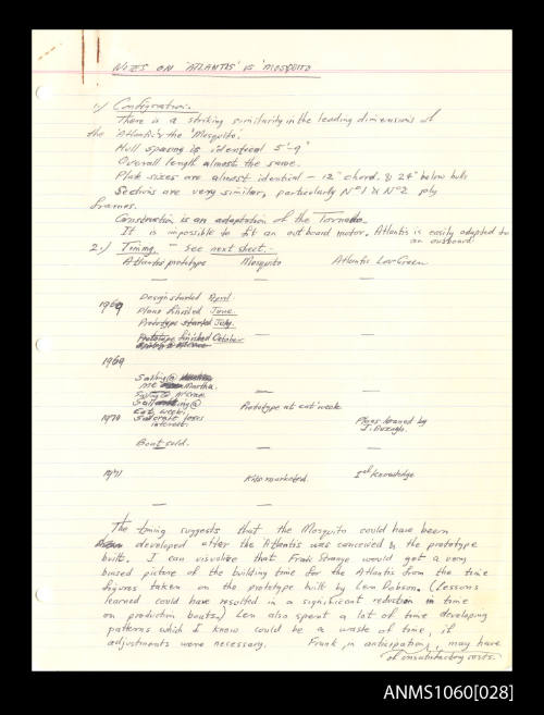 Notes comparing the vessels ATLANTIS and MOSQUITO