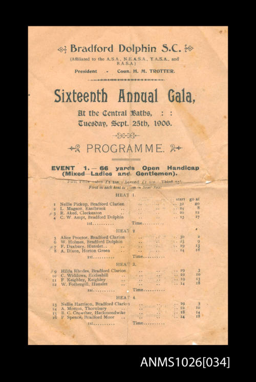 Program for a Bradford Dolphin S C Gala featuring Beatrice Kerr