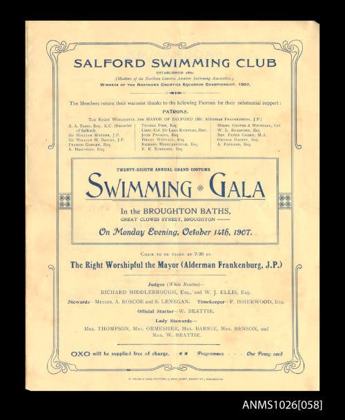 Program for a Salford Swimming Club Gala featuring Beatrice Kerr