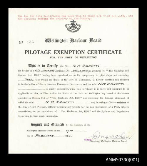 Wellington Harbour Board pilotage exemption certificate for the Port of Wellington presented to NM Bornetti