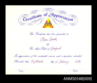 Certificate of appreciation presented to Oskar Speck