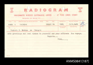 Personal radiogram addressed to Captain Beeham of SS CHANGTE