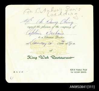 Invitation addressed to Captain Beeham to attend Chinese dinner at King Wah restaurant