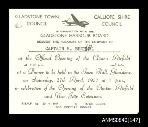 Invitation addressed to Captain Eric Bolton Beeham for the official opening of the Clinton Airfield 27 April 1957