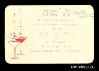 Invitation addressed to Captain Eric Bolton Beeham for cocktail party on board SS CHANGTE 11 August 1957