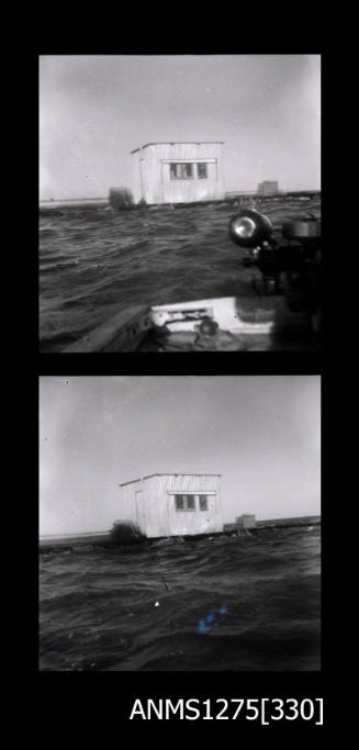 Two black-and-white negatives, joined together, both of a shed on a pearl raft, in the water