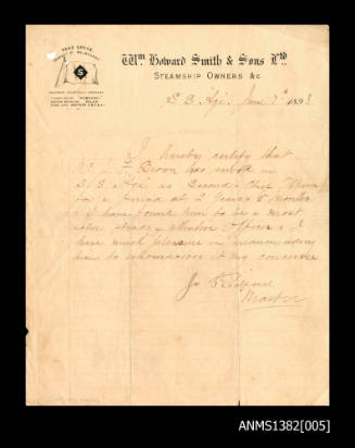 Reference from Wm Howard Smith & Sons Ltd, Steamship Owners & Co, certifying that Mr J F Brown has served as Second Chief Officer for 2 years 5 months, and highly recommends him