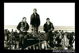 The men's final trophy presentation at the AMPOL first world open surfboard championships