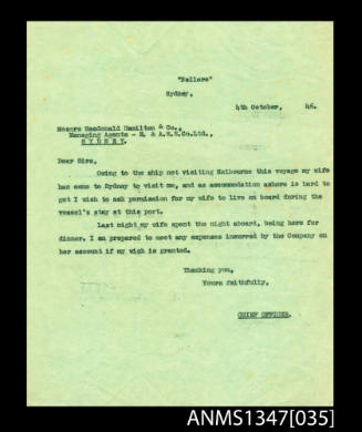 Letter from Captain Dun to Messrs Macdonald Hamilton & Co