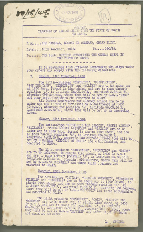 Transfer details of German ships to Scapa Flow