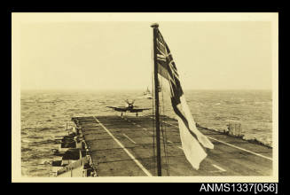 Postcard of Royal Australian Navy Hawker Sea Fury aircraft landing on deck of HMAS SYDNEY III