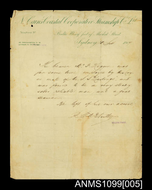 Employment reference for Frederick Heggen aboard the SS HASTINGS