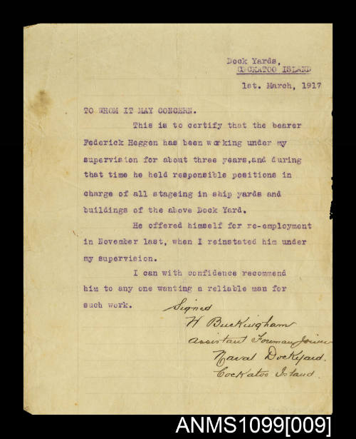 Employment reference for Frederick Heggen from the Naval Dockyard, Cockatoo Island