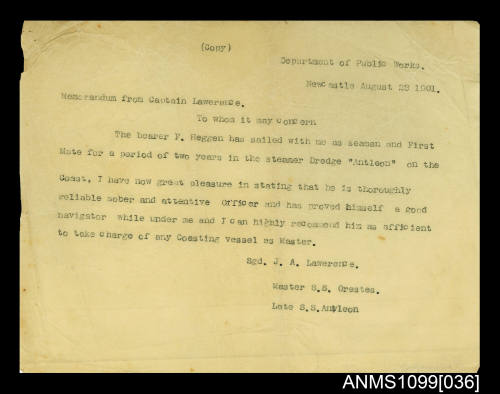 Employment reference for Frederick Heggen from the Department of Public Works