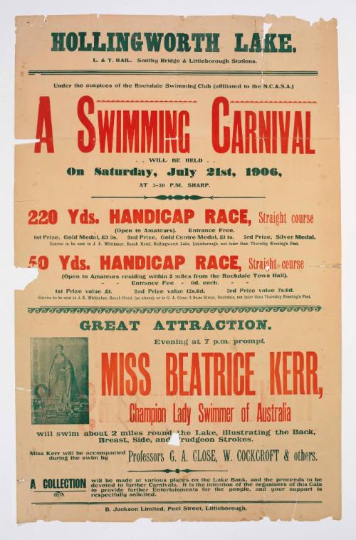 Poster advertising Rochdale Swimming Club Carnival featuring Beatrice Kerr