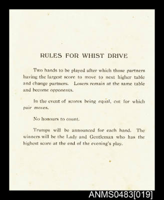 Card detailing the rules for whist drive from Orient Liner SS ORONTES