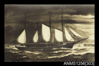 Painted postcard depicting ESPADA four masted schooner with deck cargo of lumber  at sea