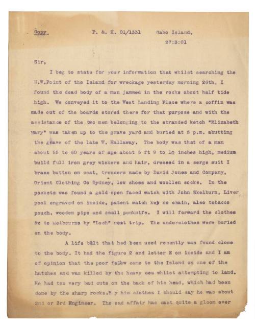 Letter reporting discovery of a body following the loss of SS FEDERAL 