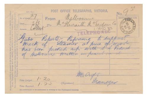 Telegram about a report from Gabo Island on the loss of SS FEDERAL