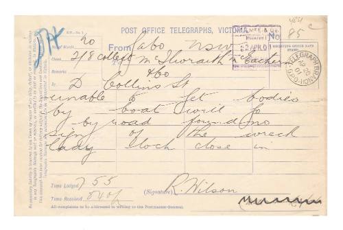 Telegram about the retrieval of bodies of crew from SS FEDERAL