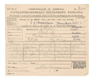 Telegraph to Milson, at Milsons Point, from Joseph Stenhouse on AURORA