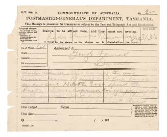 Telegraph to George Fenwick from Joseph Stenhouse on SY AURORA
