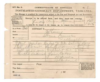 Telegraph to New Zealand Prime Minister William Massey from Joseph Stenhouse on SY AURORA