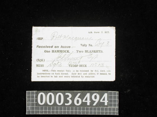 Received on Issue one Hammock two Blankets ship PORT MACQUARIE sergeant's mess, boat deck