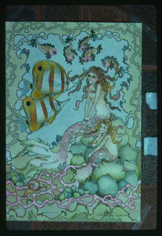 Artwork of two mermaids looking at two beaked coral fish