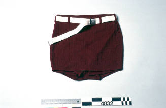 Men’s swimming costume, maroon with white belt, made by Meritas