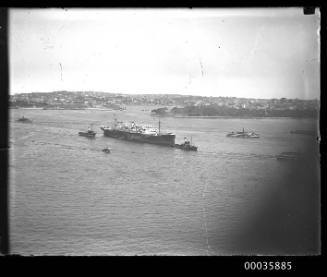Unidentified passenger liner underway in Sydney Harbour, New South Wales.