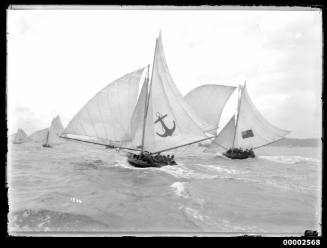 18-footers YENDYS and BRITANNIA sailing on Sydney Harbour