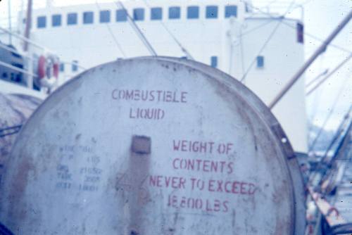 Slide depicting a metal drum with Combustible liquid stamped on the side