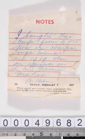 Note relating to a knife purchased by Basil Helm