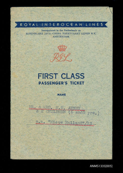 Athey family first class ticket for SS TJIBADAK